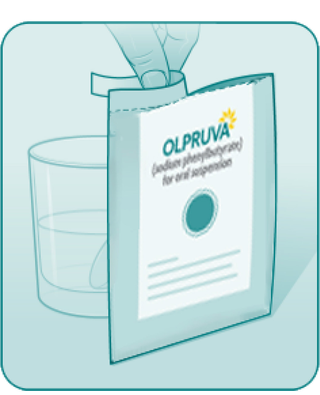 Illustration showing tearing open the OLPRUVA packet(s), mixing with the suspension in the cup with a spoon, and someone drinking the oral suspension in totality.