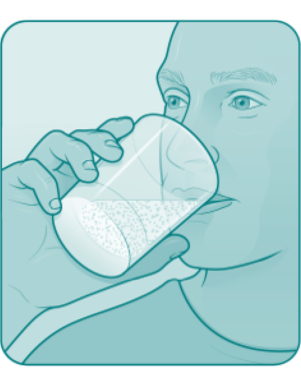 Illustration showing tearing open the OLPRUVA packet(s), mixing with the suspension in the cup with a spoon, and someone drinking the oral suspension in totality.